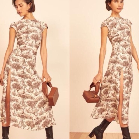 Reformation Gavin Brown&Cream Slit Midi Dress - Picture 3 of 8